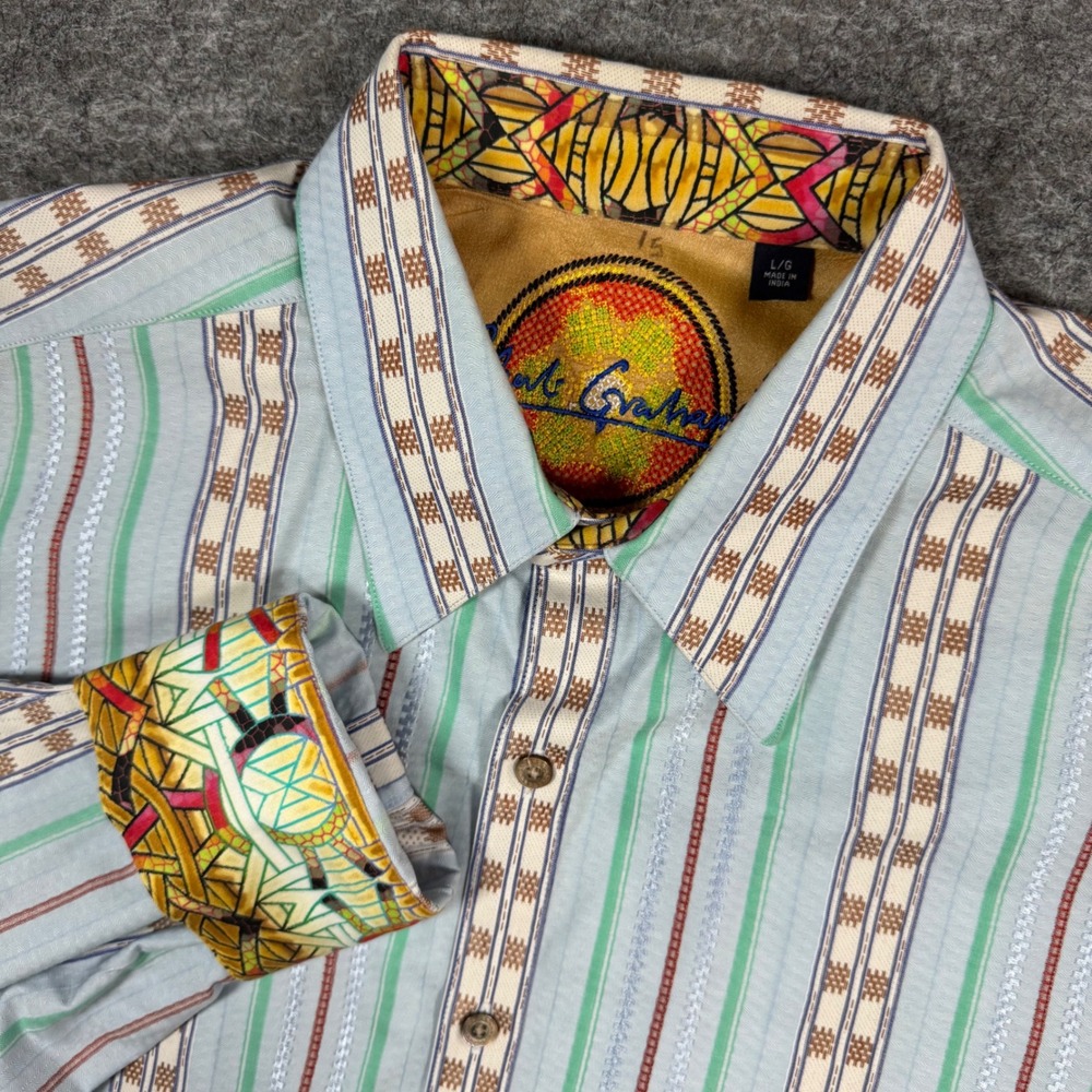 Robert Graham Button Down Shirt Mens L Blue Striped Contrast Flip Cuff Western